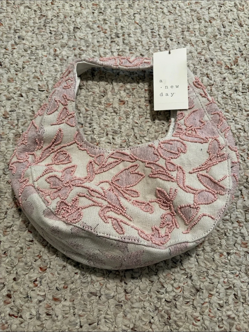 a new day Cream and Pink Beaded Hobo Shoulder Bag